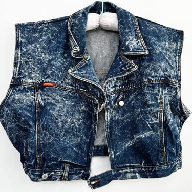 1980's Jordache Acid Wash Blue Jean Jacket Sleeveless Denim Vest Vintage Short Size Large Hip Hop Big Hair Band Tab Closure 