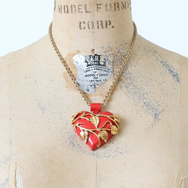 vintage 1990s statement necklace • red & gold metal puff heart with leaves necklace 