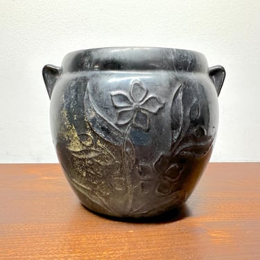Vintage Pottery 2 Handle Pot Vase Planter / Black Ceramic Matte Glaze Wildflowers / Art Deco Shabby Chic MCM USA Pottery 