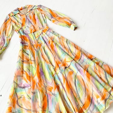 1970s Watercolor Print Chiffon Dress 