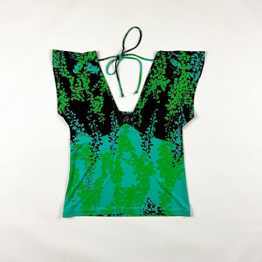 y2k BCBG Green and Brown Floral Print Flutter Sleeve Top / Open Back / Tie Back / Large / Cut Out / Stretch / Bratz / 00s / SATC / L / 1990s 