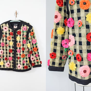 Vintage 1980s Gene Ewing Flower-topped Denim Jacket | L | 80s Floral Applique Cotton Jacket 