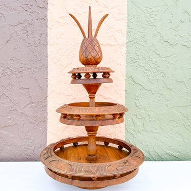 Three Tier Pineapple Wood Carved Lazy Susan