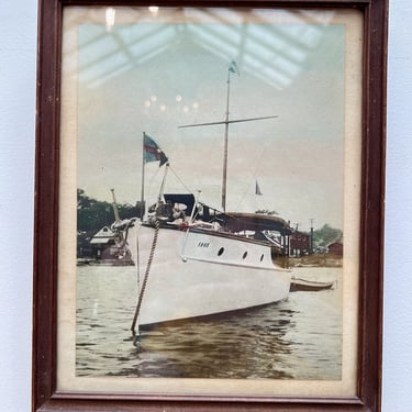 Antique Framed Sailboat Color Photograph, Early 1900s Yacht with Maritime Flags, Vintage Seaside Harbor Nautical Wall Art 