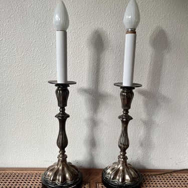 Vintage Sarreid Silver-plate Candlestick Lamps 