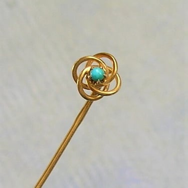 Antique 14K Gold Stick Pin With Turquoise, 14k Gold Love Knot with Turquoise Stick Pin, Antique 14K Gold Stickpin (#4132) 