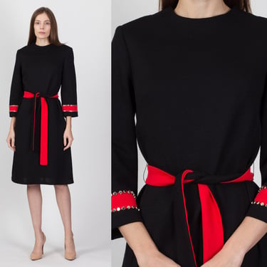 60s Henry Lee Black & Red Studded Dress - Medium | Vintage Two Tone A Line Long Sleeve Belted Midi 
