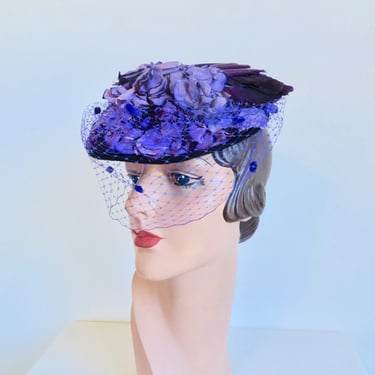 1940's Purple Silk Floral and Feather Tilt Hat with Veil WW2 Era 40's Millinery Rockabilly Swing 