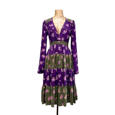 Vintage Betsey Johnson Romantic Silk Midi Dress, Purple/Green Floral, Deep V Neck, Tiered Cottagecore Peasant Skirt, Small to Medium, VFG 