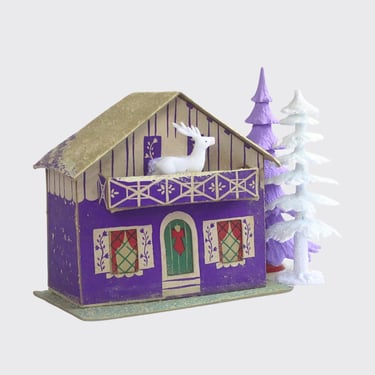 Holiday Glitter Village Chalet, 1940s Cardboard Christmas Putz House made in US 