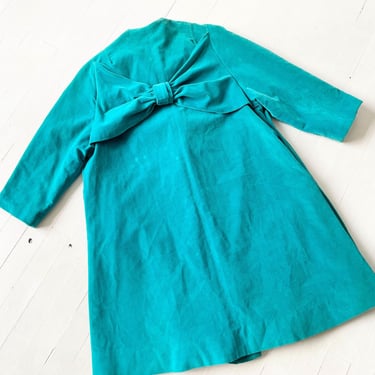 1950s Teal Blue Velveteen Coat with Back Bow Detail 