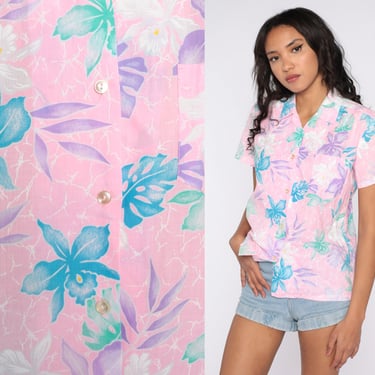 Pastel Tropical Shirt Pink Floral Hawaiian Shirt 80s Floral Blouse SURFER Button Up Shirt Vintage Beach Sea Resort Vacation Small Medium 