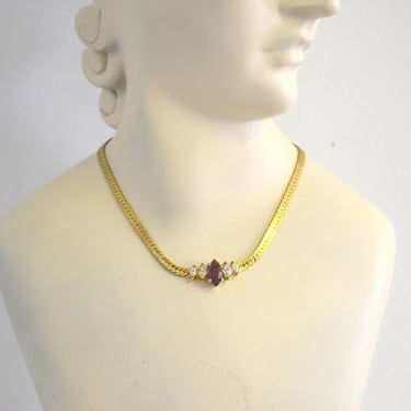1970s Christian Dior Purple Rhinestone and Gold Chain Necklace 