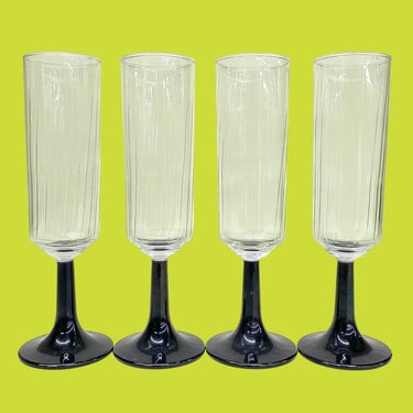 Vintage Champagne Glasses Retro 1980s Contemporary + Fluted + Clear Glass Tops + Black Stems + Set of 4 + Drinking Champs + Cheers + Barware 