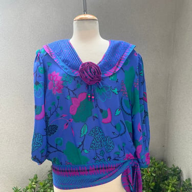 vintage  80s blouse top tie side floral blue green pink XL Assorti by Susan Freis 