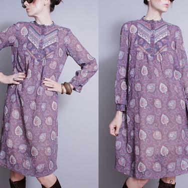 Vintage 1970's | Purple | Floral | Cotton Blend | Loose Fitting | Tent | Bohemian | Dress | S/M 