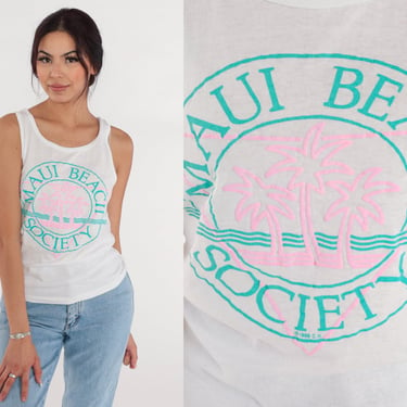 Hawaii Tank Top 80s Maui Beach Society T-Shirt Palm Tree Graphic Tee Surfer Sleeveless TShirt Tourist Single Stitch White Vintage 1980s XS 