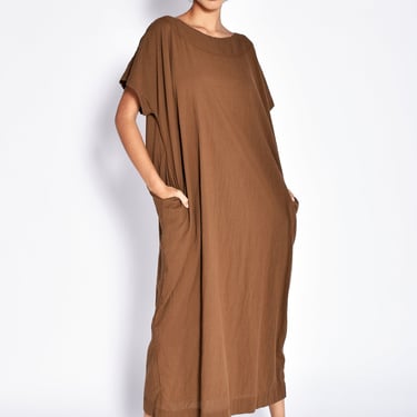 Drop Shoulder Long Brown Dress