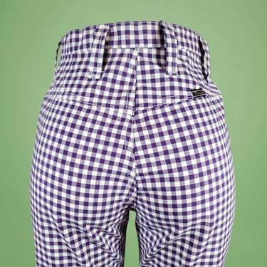 Vintage 60s 70s Wrangler pants vintage mod grape purple gingham high rise cuffed legs bell bottoms (28 x 32) 