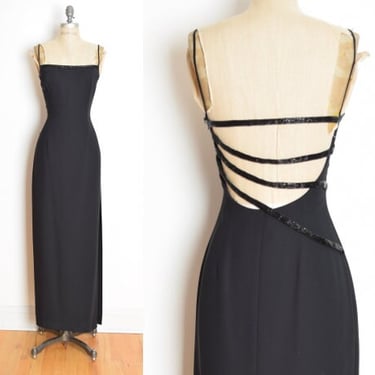 vintage 90s dress black beaded strappy prom evening gown cocktail long party S clothing 