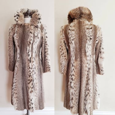 1970s Spotted Lynx Fur Coat Fold Down Collar / 70s Winter Coat Brown Beige Exotic Spot Animal Print Wildcat NH Rosenthal Furs Chicago / M 