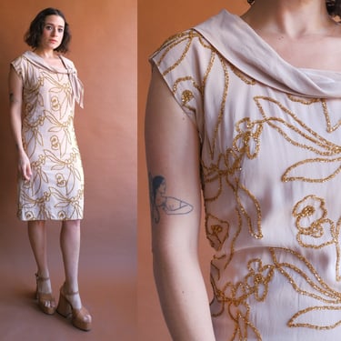 Vintage 50s Gold Soutache Floral Dress/ Size Small 