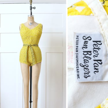 vintage 1960s swimsuit • bright yellow belted cotton Peter Pan Sun Blazers bathing suit 