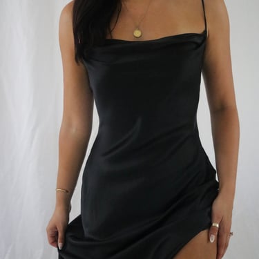 Vintage Black Silk Victoria’s Secret Cowl Neckline Slip Dress - Side Slit - XS/S 