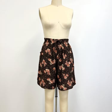 Vintage High Waisted Shorts | Rayon Elastic Waist Shorts with Pockets | Brown Floral | Size Medium 