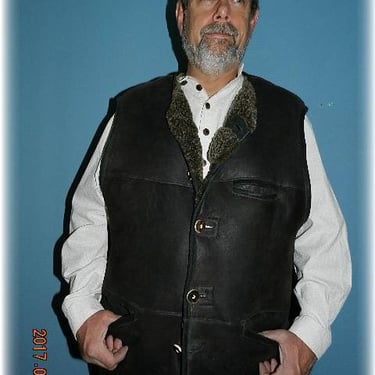 Vintage Bavarian Hunting Leather Vest Shearling Wool Inside 