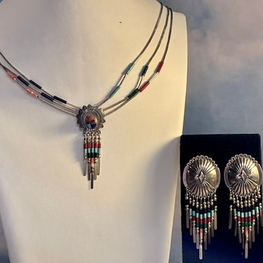 Native American Inlaid Concho Liquid Sterling Silver & Heishi Bead Triple Strand Necklace With Matching Earrings Gift for Her Signed QT 