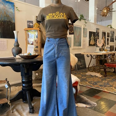 1970s wide leg jeans, high waist, vintage bellbottoms, flared jeans, worn denim, hippie pants, bohemian style, pocketless, 26 waist, boho 