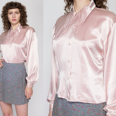 Medium 90s Blush Pink Satin Dagger Collar Blouse | Vintage Button Up Bishop Sleeve Shirt 