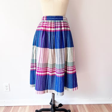 SIZE L 1970s Purple Wool Plaid Skirt / 80s Pink and Cream Plaid Skirt / Fall Plaid Skirt Pleated Colorful Pockets 