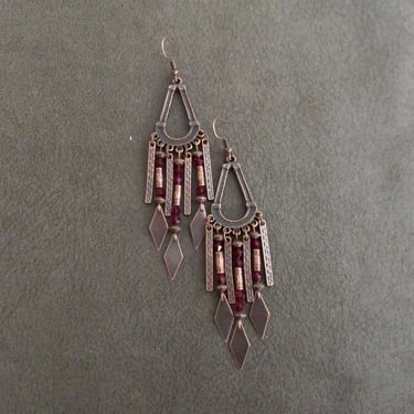 Chandelier earrings, purple crystal and copper gypsy earrings, boho earrings, large ethnic tribal earrings, bohemian unique princess 