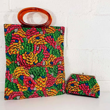 Vintage Lucite Handle Expandable Tote Bag Bakelite Folding Purse 1960s Lady's Pride Handbag Purse Rainbow Plastic Handles 