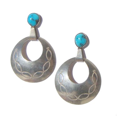 Vintage 70s Navajo Sterling & Turquoise Hoop Earrings 