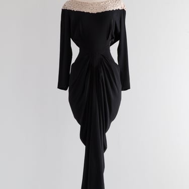 Devastatingly Sexy 1940's Black Rayon Crepe &amp; Lace Cocktail Dress / M