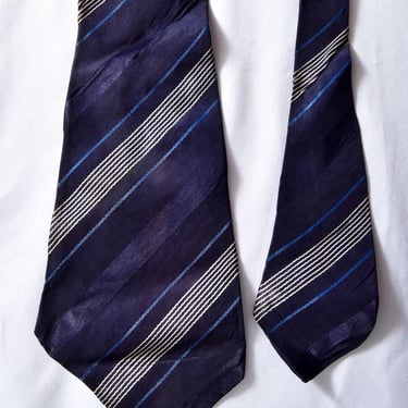 1920's Blue Stripe ART DECO Men's Suit Tie Antique 1930's Vintage Necktie Dark Blue Silver Silk Rayon 