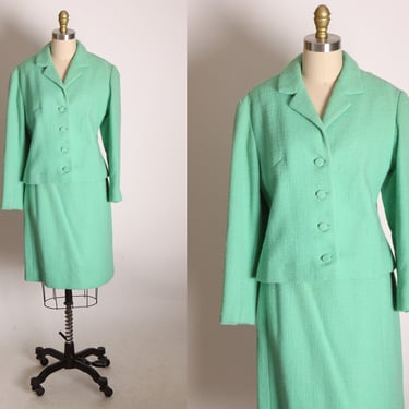 1960s Sea Foam Green Blue Long Sleeve Jacket with Matching Pencil Skirt Two Piece Skirt Suit -L 