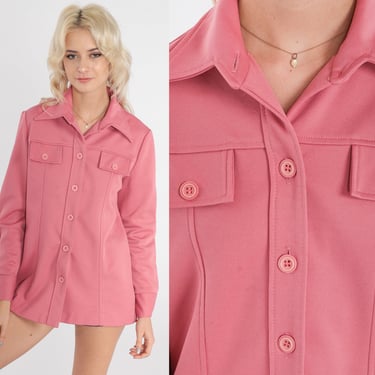 70s Pink Shirt Dagger Collar Blouse Button Up Shirt Long Sleeve Top Disco Shirt 1970s Collared Plain Chest Pocket Small 