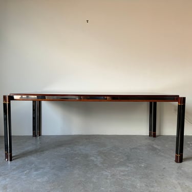 1970's Paolo Barracchia Italian Steel and Inlaid Wood Rectangular Dining Table 