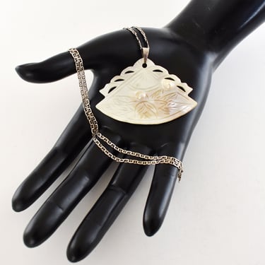 60's MOP blister pearl 925 silver fan pendant, carved leaves Mother of Pearl sterling mariner chain boho necklace 