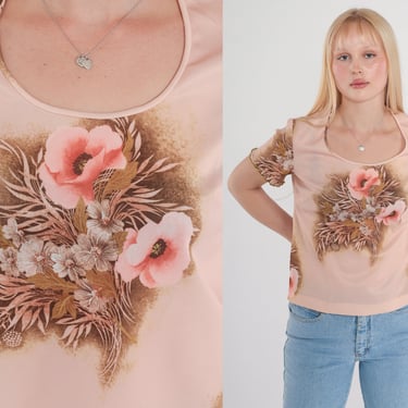 Pink Floral Top 70s Boho Blouse Short Sleeve Scoop Neck T-Shirt Lettuce Edge Flower Rose Graphic Tee Retro Hippie Shirt Vintage 1970s Small 