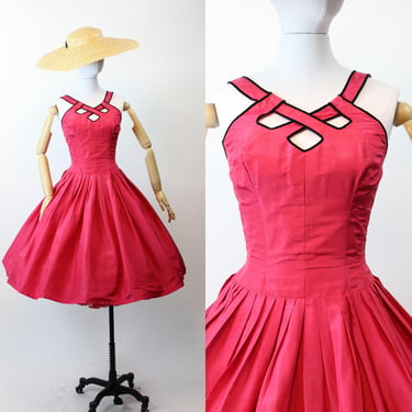 1950s 1957 CAGE NECKLINE documented silk Suzy Perette dress small | new fall winter 