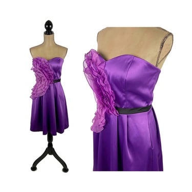 Y2K Purple Cocktail Dress Medium, Strapless Satin Party Dress, Midi Formal with Pockets and Ruffle Embellished Bust, 2000s Clothes for Women 