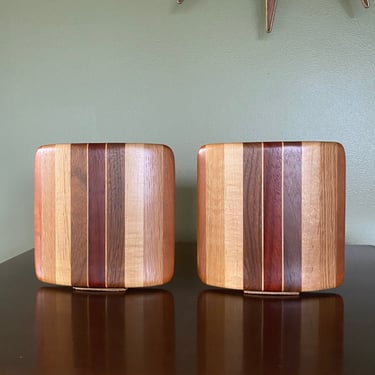 Danish Modern Mixed Wood Bookends, Solid Wood Book Ends, Midcentury Modern Butcher Block Pattern Upright 