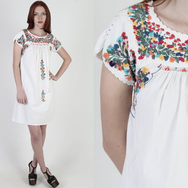 Vintage White Oaxacan Mini Dress / Cotton Mexican Hand Embroidered Dress / Bright Floral Quincenera Fiesta Cover Up Mini Dress 