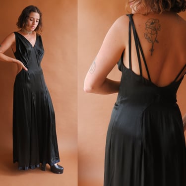 Vintage 30s Black Liquid Satin Gown/ 1930s Backless Strappy Long Dress/ Size Large 