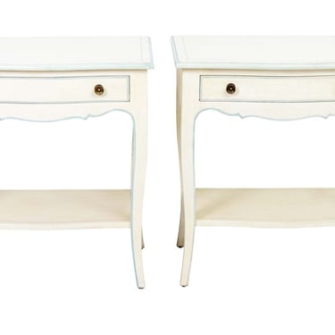 Pair of Vintage Julia Gray Creamy White and Blue Carved Bedside Tables